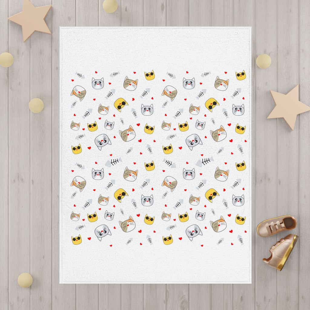 Toddler Blanket — Cute Cat Faces Baby Throw Blanket (Hearts & Fishbone Pattern)