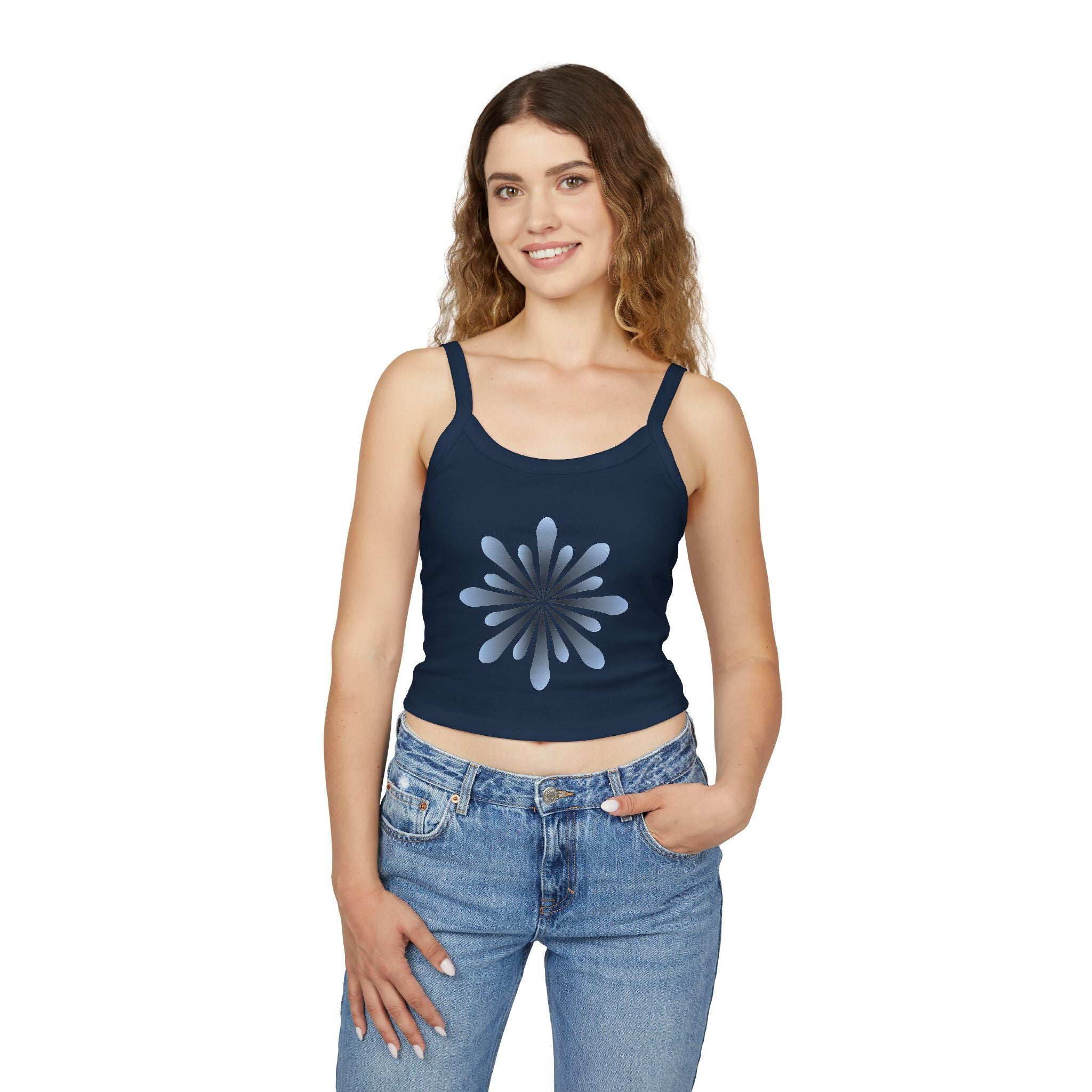 Floral Spiral Crop Tank — Blue Petal Sunburst Spaghetti Strap Tank Top