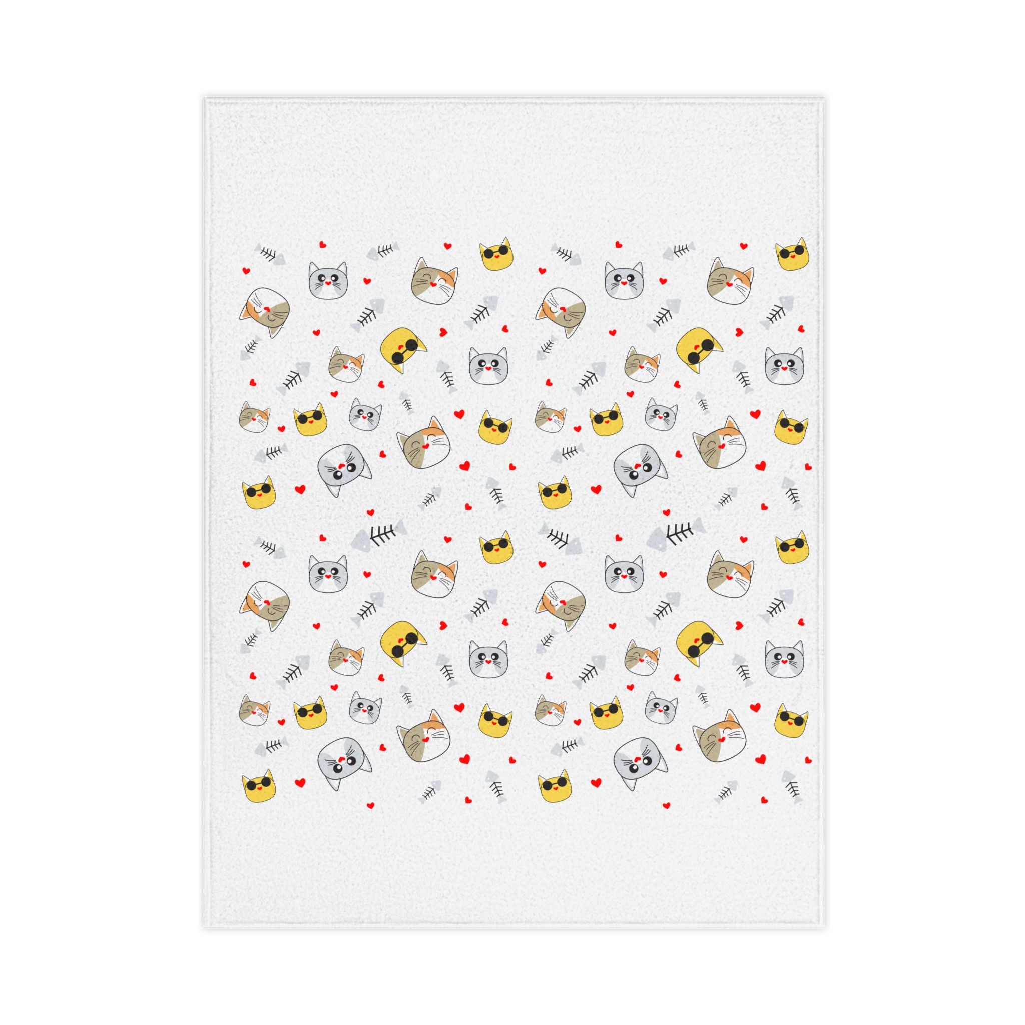 Toddler Blanket — Cute Cat Faces Baby Throw Blanket (Hearts & Fishbone Pattern)
