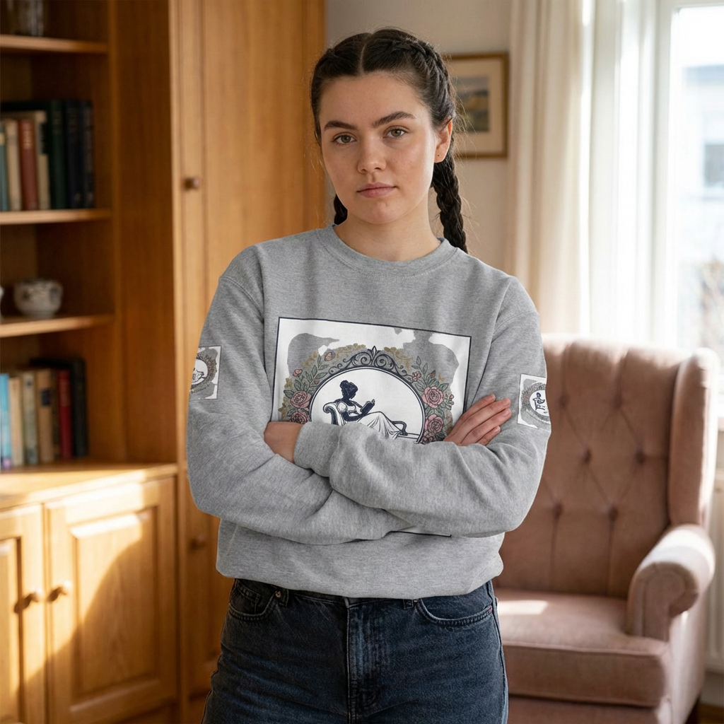 Bluza Damska z Nadrukiem | Czytająca Kobieta | Vintage Kwiatowy Medalion