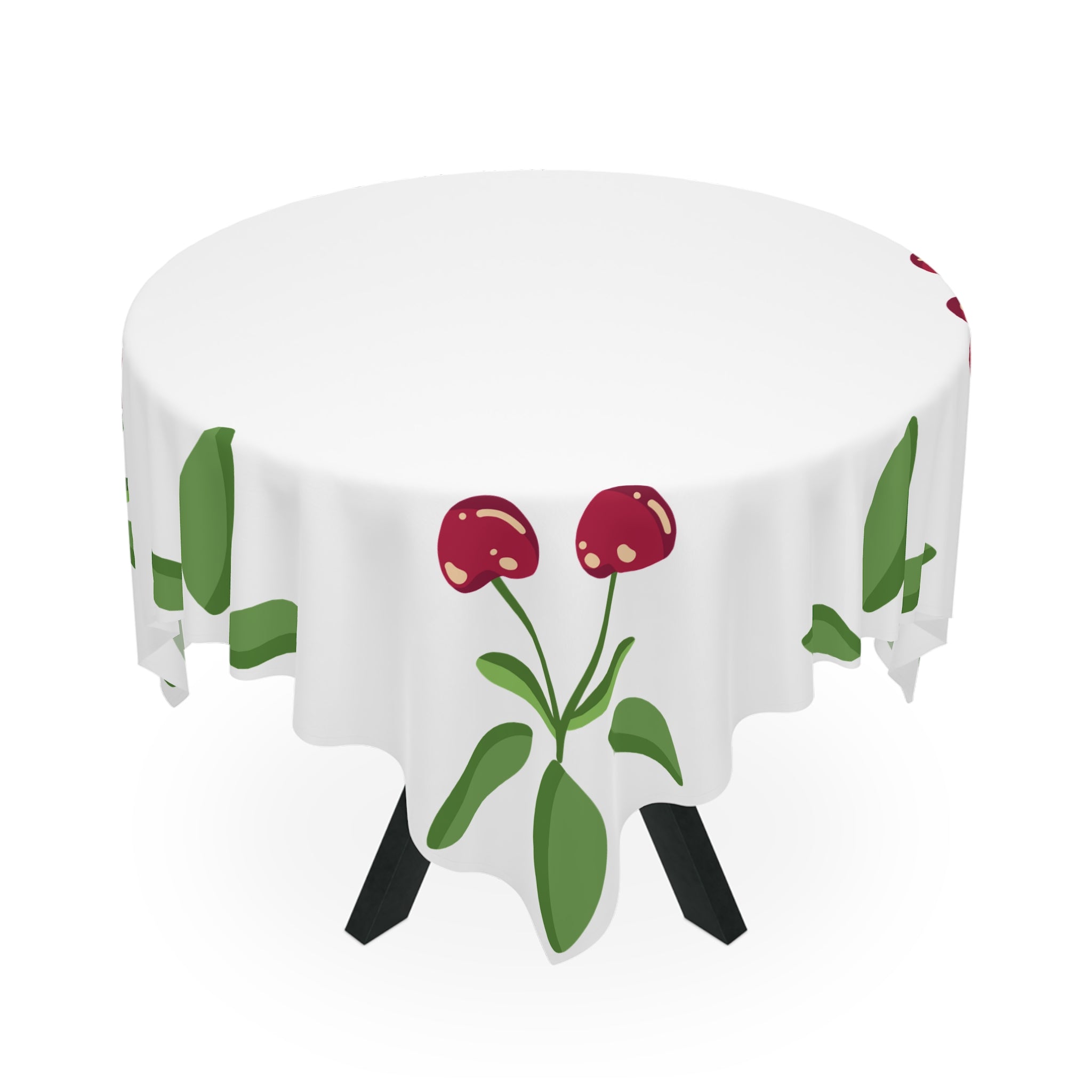 Cherry Corner Tablecloth — White Cotton-Look Dining Cloth with Red Cherry & Green Leaves