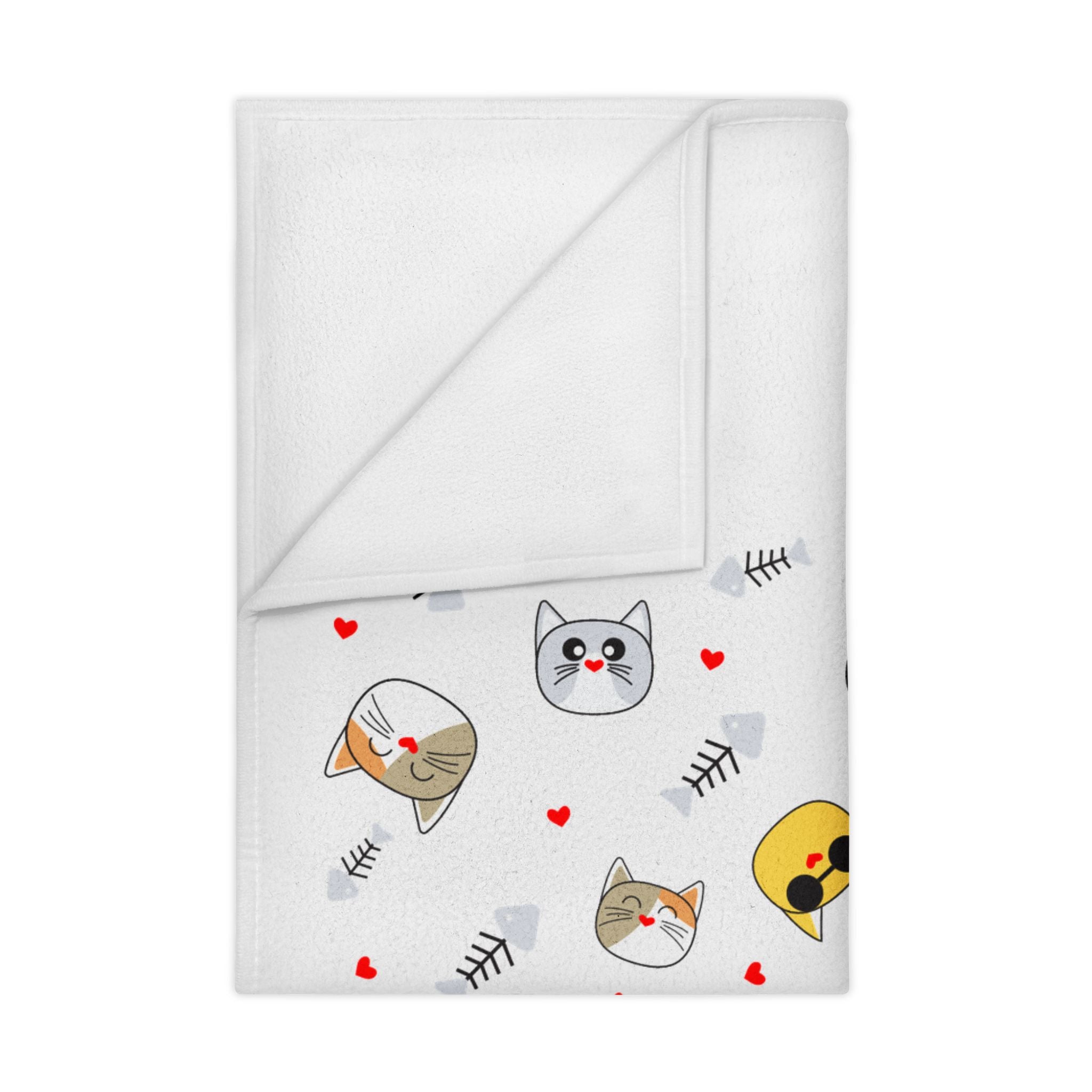 Toddler Blanket — Cute Cat Faces Baby Throw Blanket (Hearts & Fishbone Pattern)