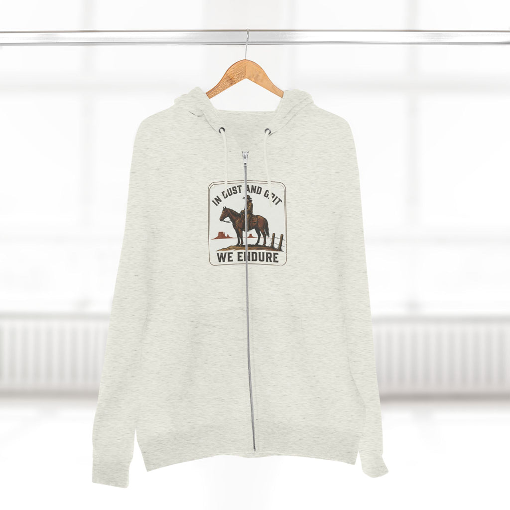 In Staub und Dreck bestehen wir Hoodie | Cowboy Pferd Western Reißverschluss-Hoodie